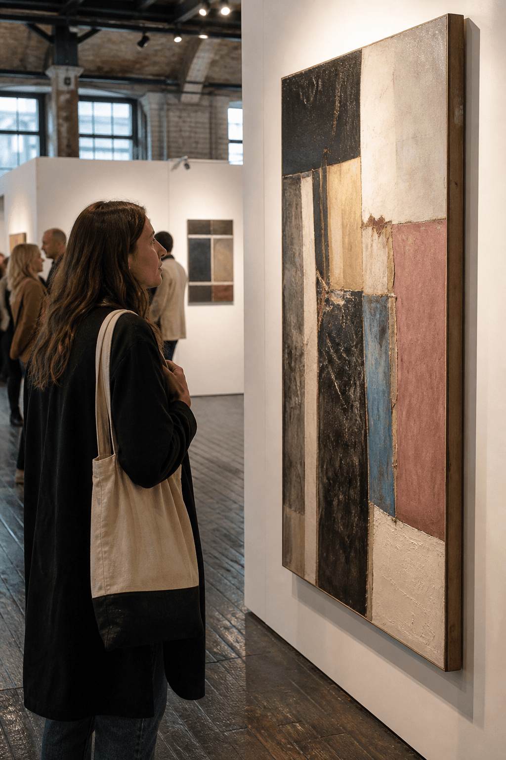 Visitor studying a tall mixed-media painting at a contemporary art market