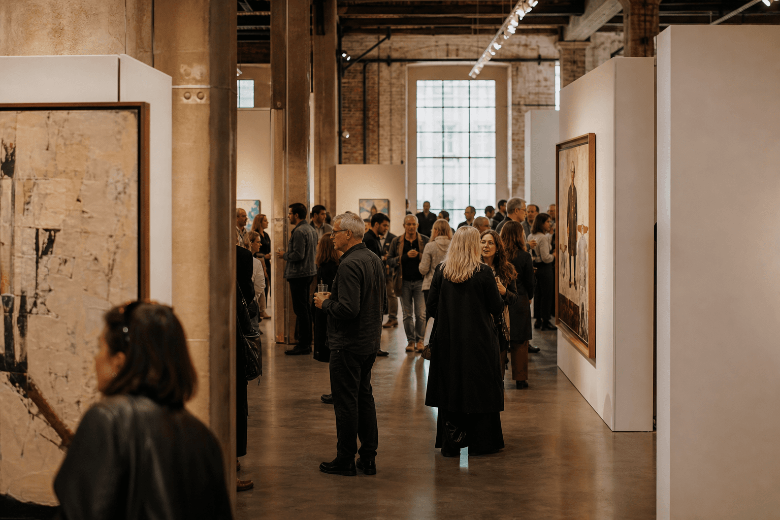 Visitors browsing paintings at a contemporary art market in a converted London hall