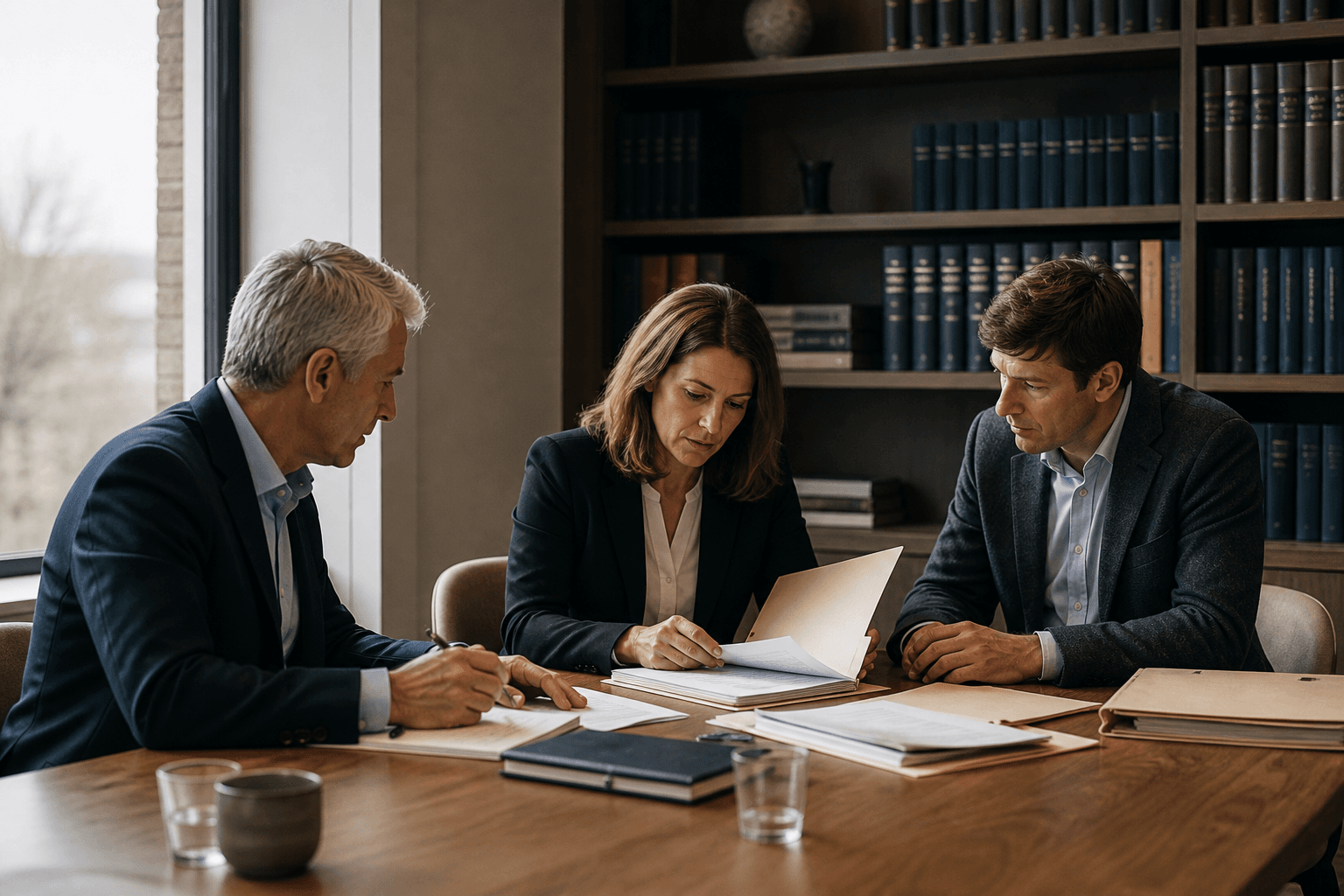 Advisers reviewing referral material in a professional office