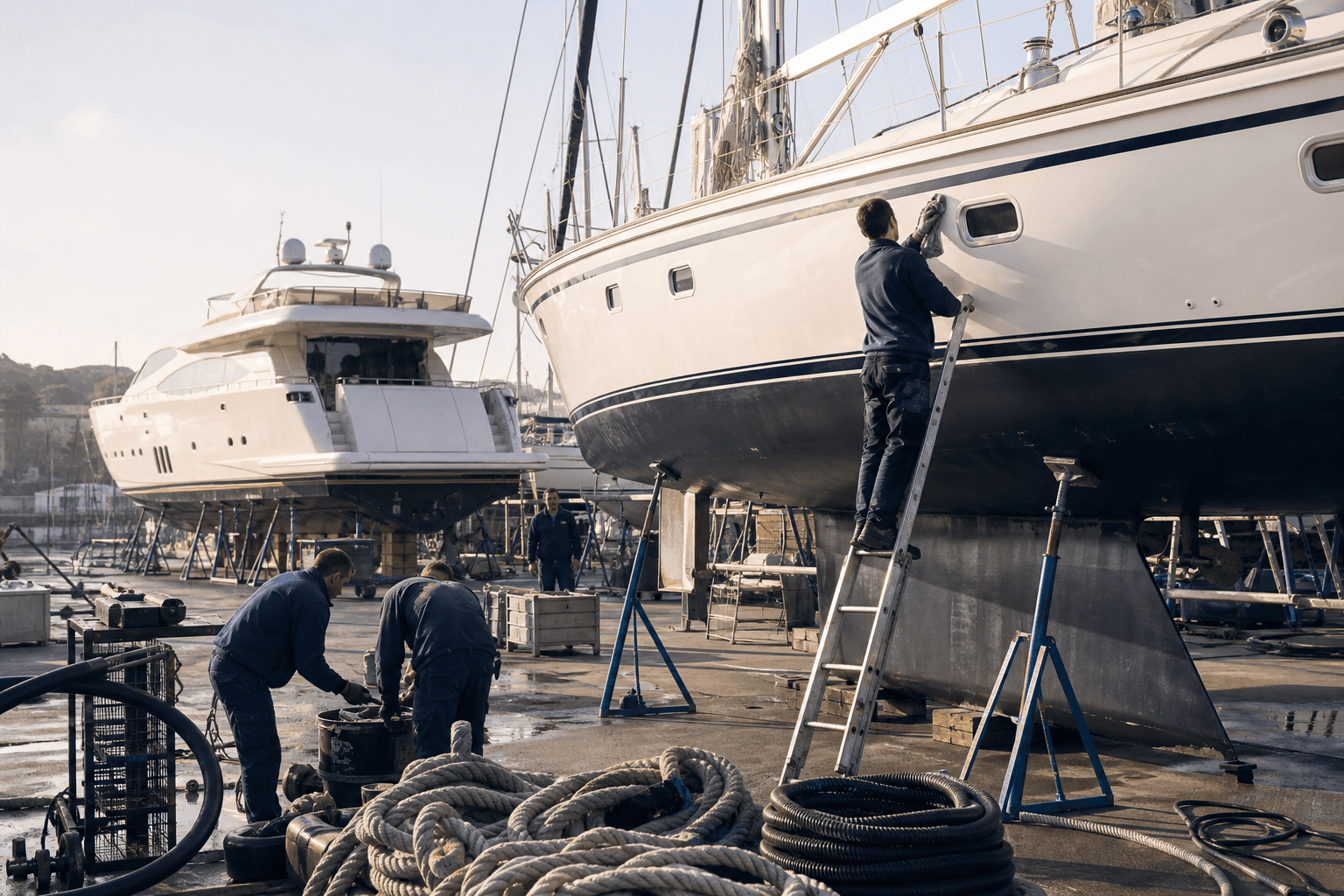 Marine technicians working around yachts in a service yard